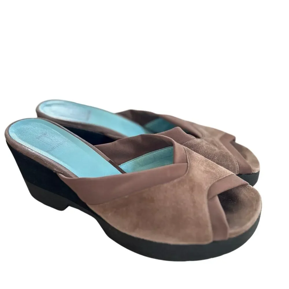 Thierry Rabotin Brown Suede & Fabric Wedge Peep Toe Sandal